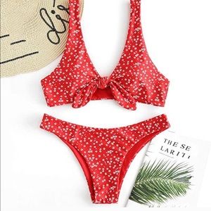ZAFUL | Floral red and white front tie bikini